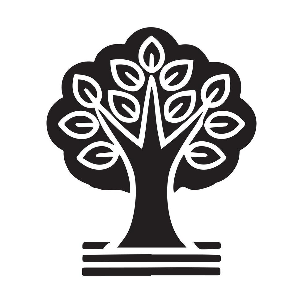 black and white, stylized graphic of a tree within a circle. vector