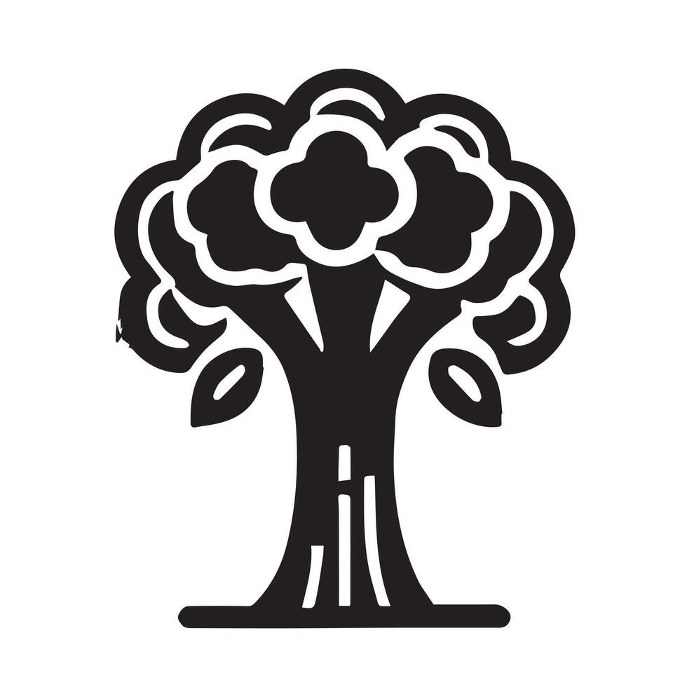 A stylized, circular graphic of a tree with intricate, decorative leaves and swirling patterns. vector