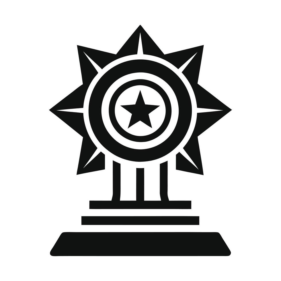 This bold, black and white graphic depicts a stylized award medal with a star, ribbon, and a decorative base. vector