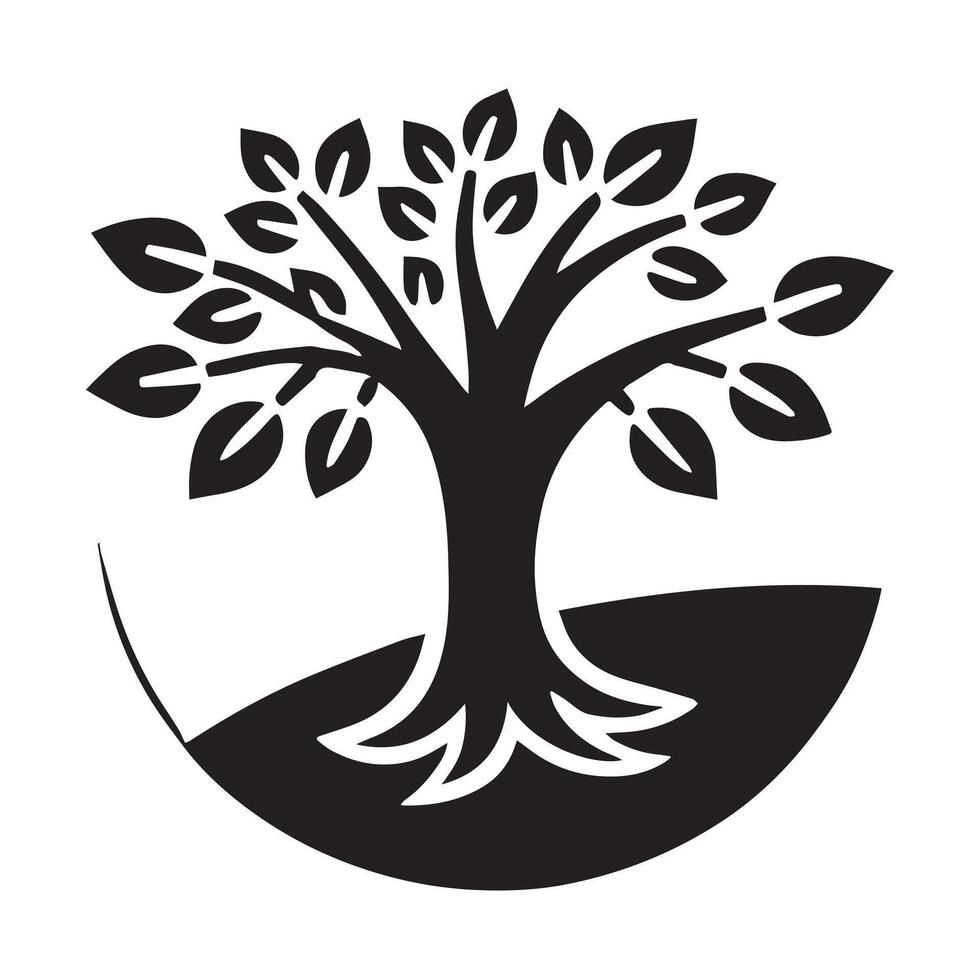 A simple, black and white, stylized graphic of a tree within a circle. vector