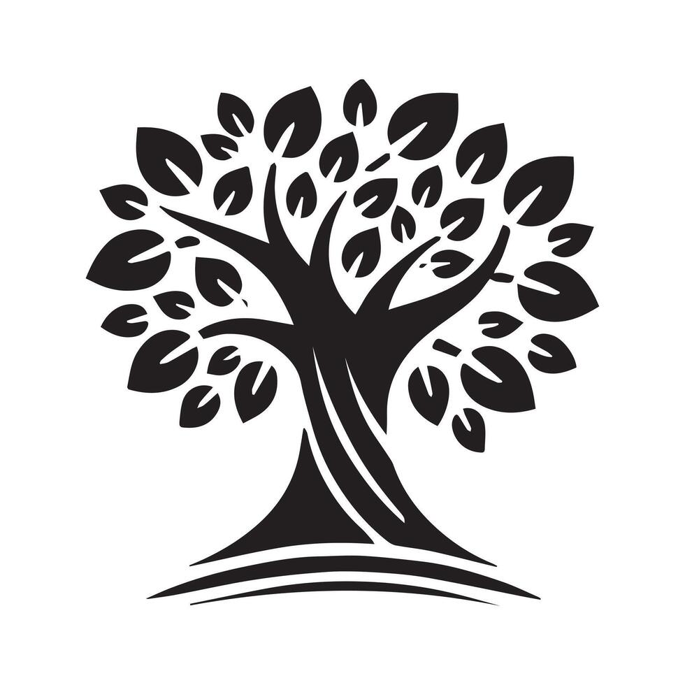black silhouette of a tree with circular leaves against a white background. vector