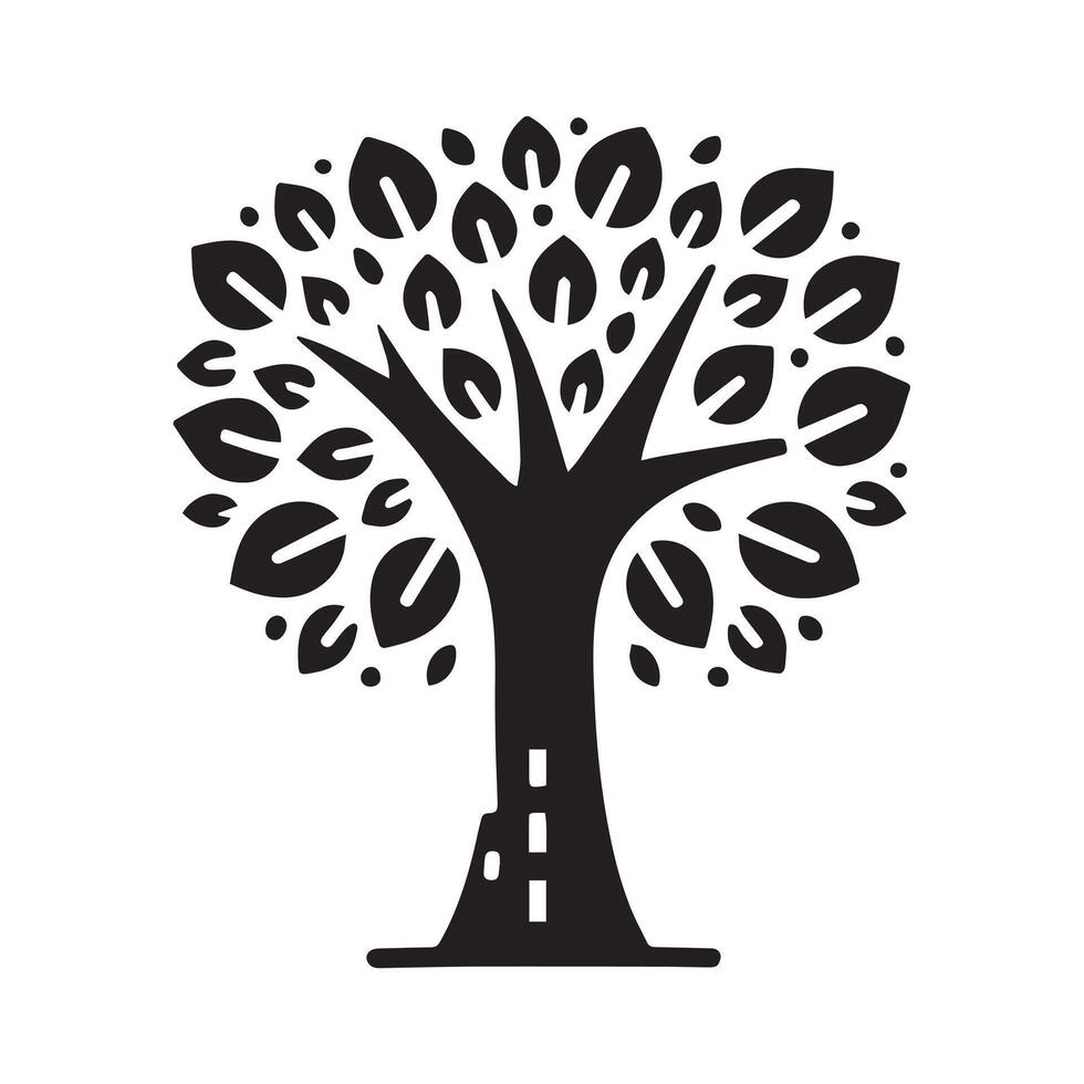 A stylized, black silhouette of a tree within a circle. vector
