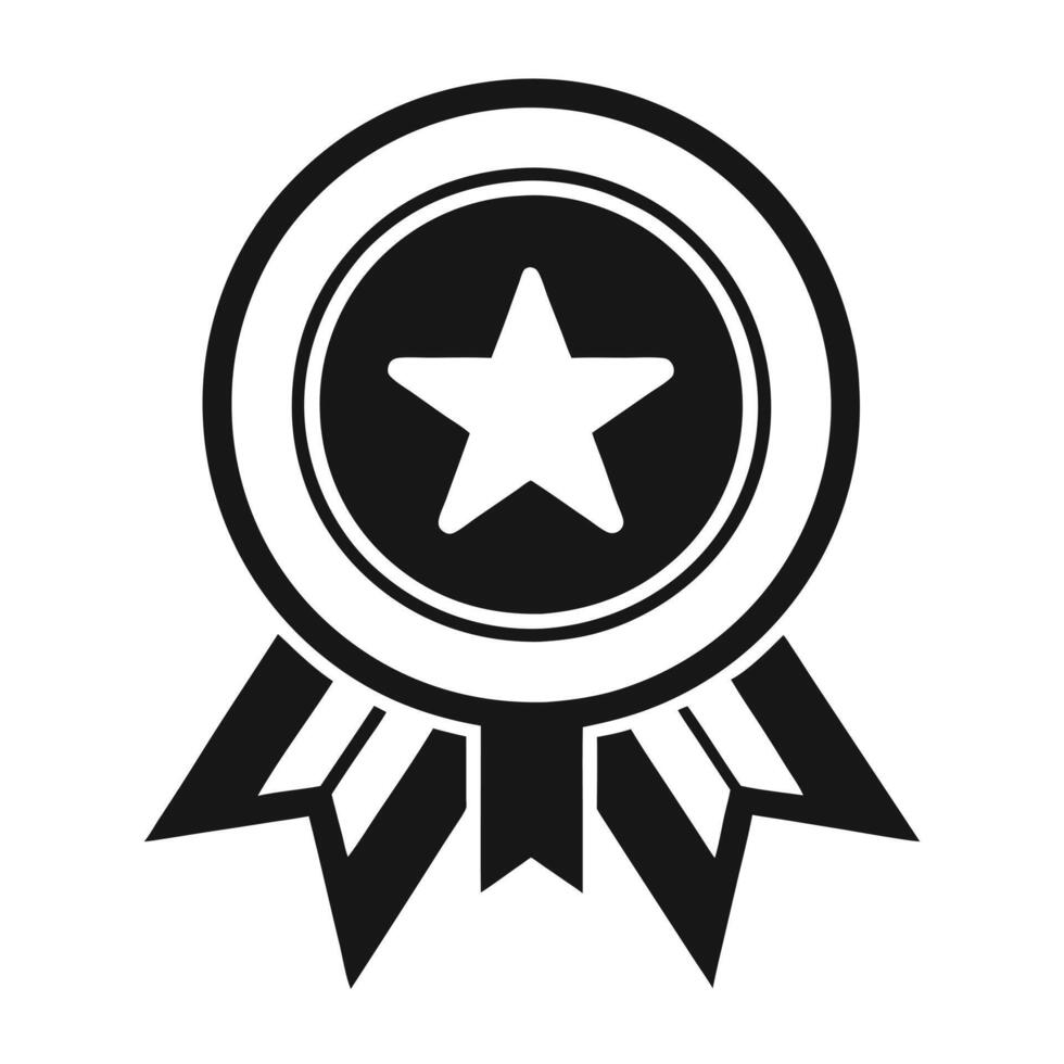 A simple, bold black and white graphic of an award medal with a star and ribbon. vector