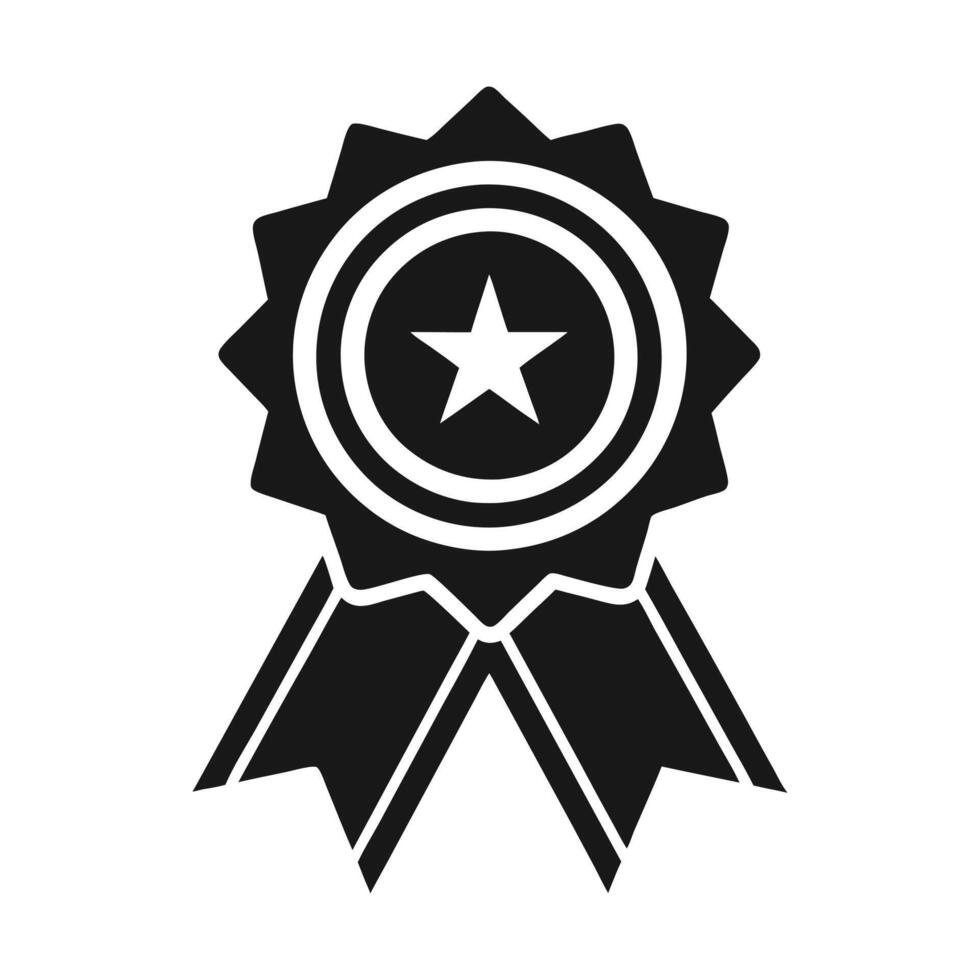 A simple, black and white graphic of an award trophy with a star-shaped emblem and ribbons. vector