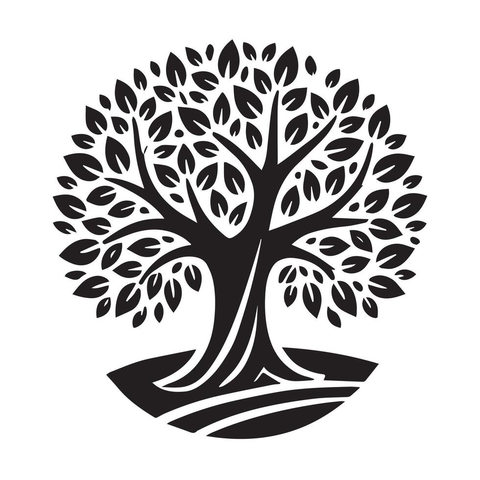 A stylized, black and white silhouette of a tree within a circular frame. vector