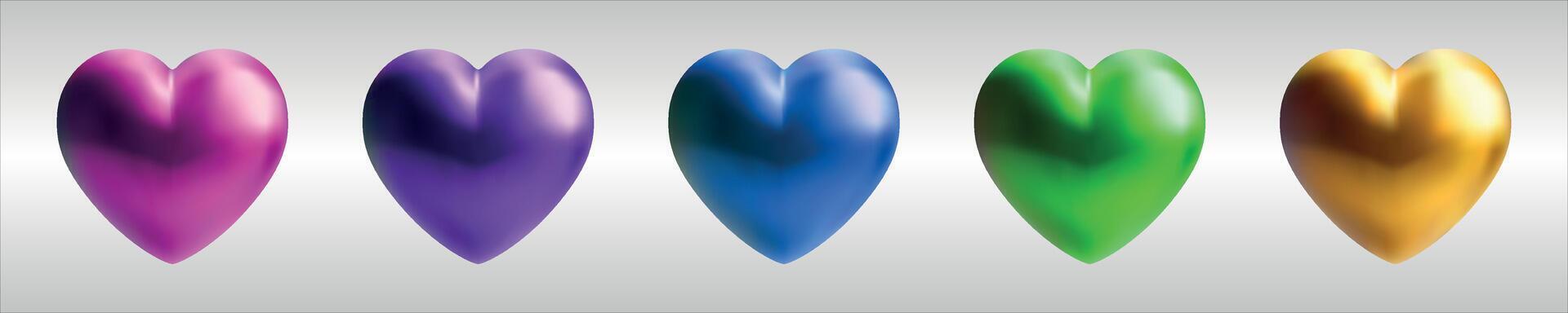 Glossy color hearts on minimalist background. Mesh gradient icon. Love romantic design. Template for holiday cards, Valentine's day, happy wedding. Blue, pink, purple, green, yellow colors. vector