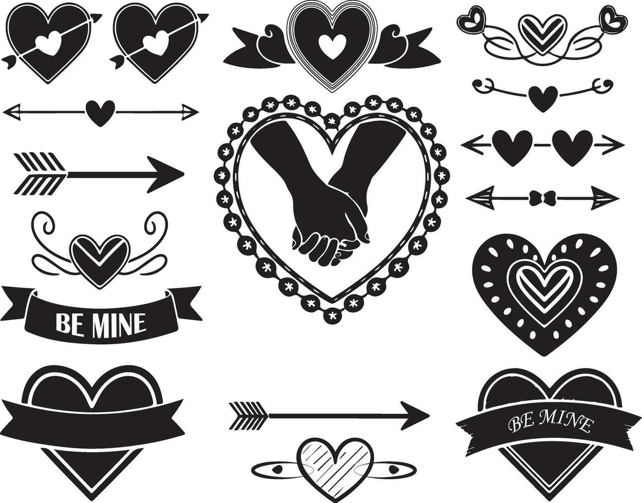 A black and white color Valentine's Day poster design with decorative elements. Heart with the words I love you. Couple holding hands and a bouquet of roses. With text Happy Valentine's Day. vector