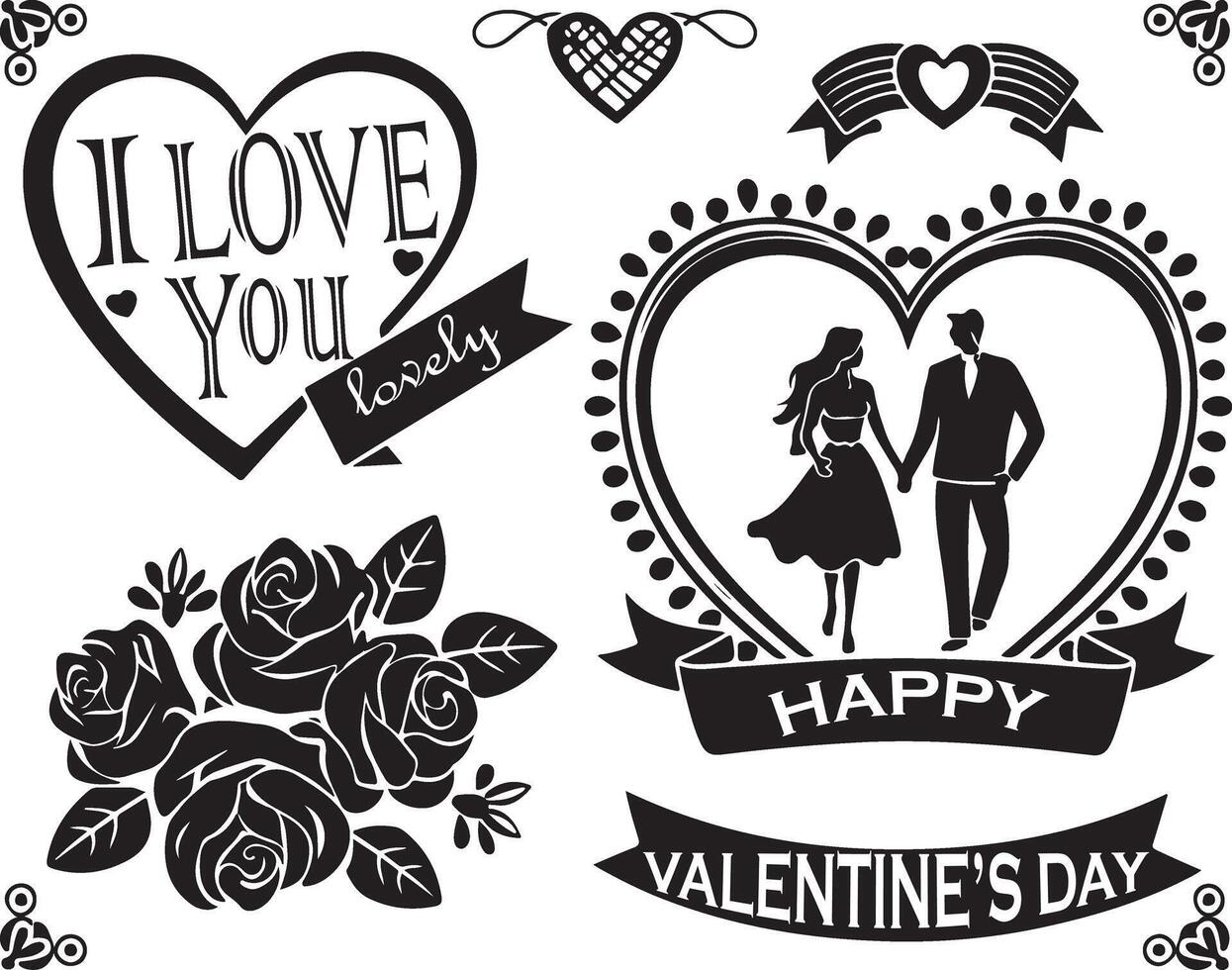 Set of a black and white illustration of decorative design elements for a Valentine's Day poster, banner, or card design. With couple silhouette, flower, heart shape pattern. vector