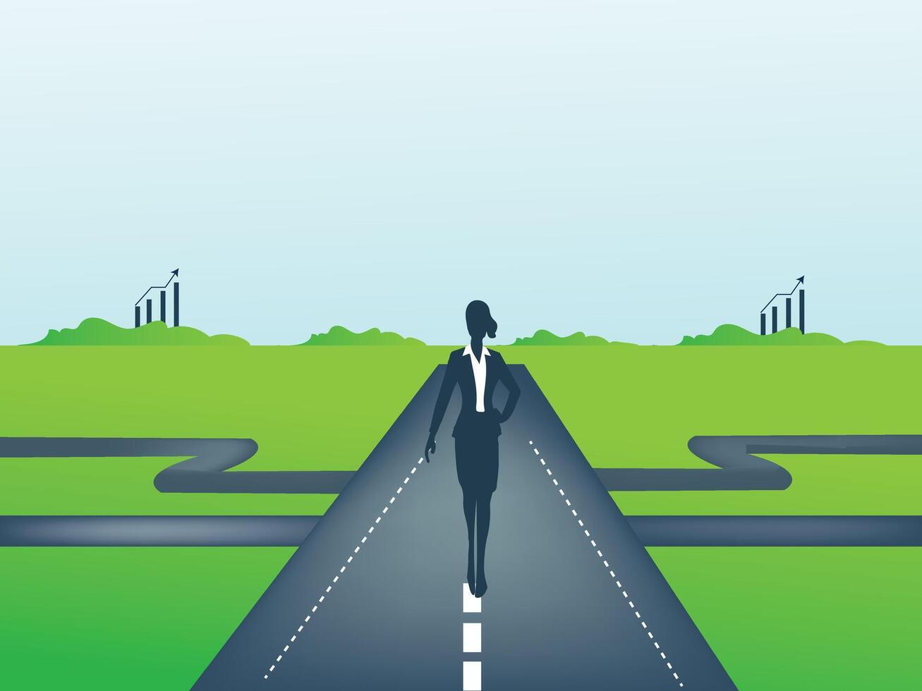 Business woman follow a path for business opportunities. visionary leadership different business routes. Symbol of ambition, motivation.Conceptual Illustration. vector