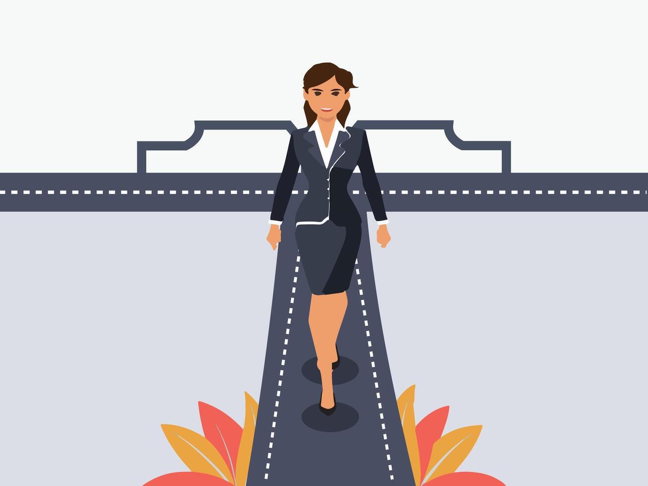 Corporate woman confidently follow a path. visionary leadership different business routes. Symbol of ambition, motivation and long road ahead. vector