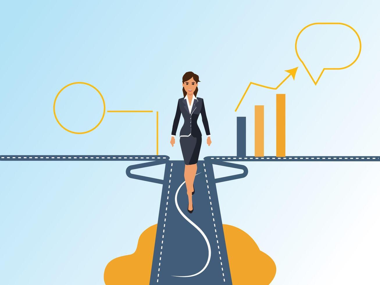 Business woman follow a path. visionary leadership different business routes. Symbol of ambition, motivation. vector