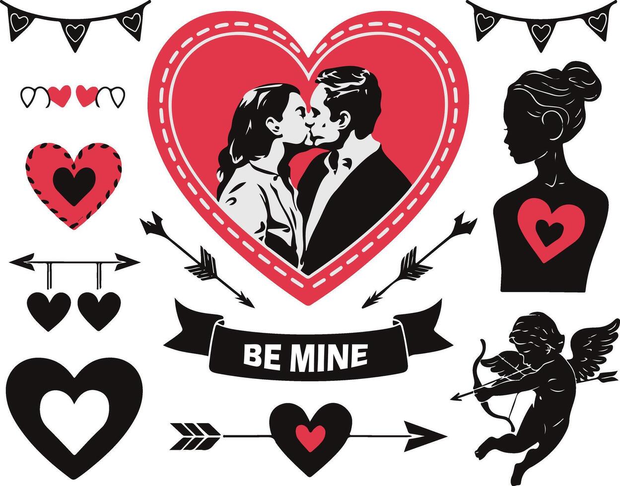A collection of decorative design elements for a Valentine's Day poster, banner,card There are hearts with arrows, Be Mine text,couple kissing and a cupid with a bow and arrow. Black and red color. vector