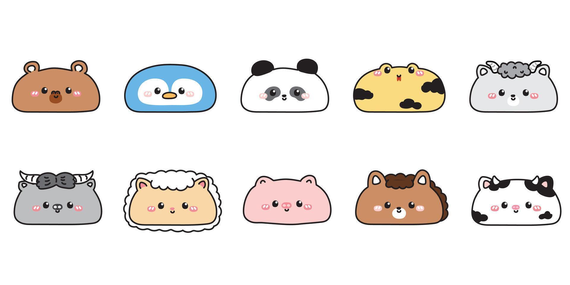 No 3.Set of cute animals head with smile face.Wild.Reptile.Farm.Penguin,panda bear,snake,sheep,pig.Cartoon character.Kawaii.Illustration. vector