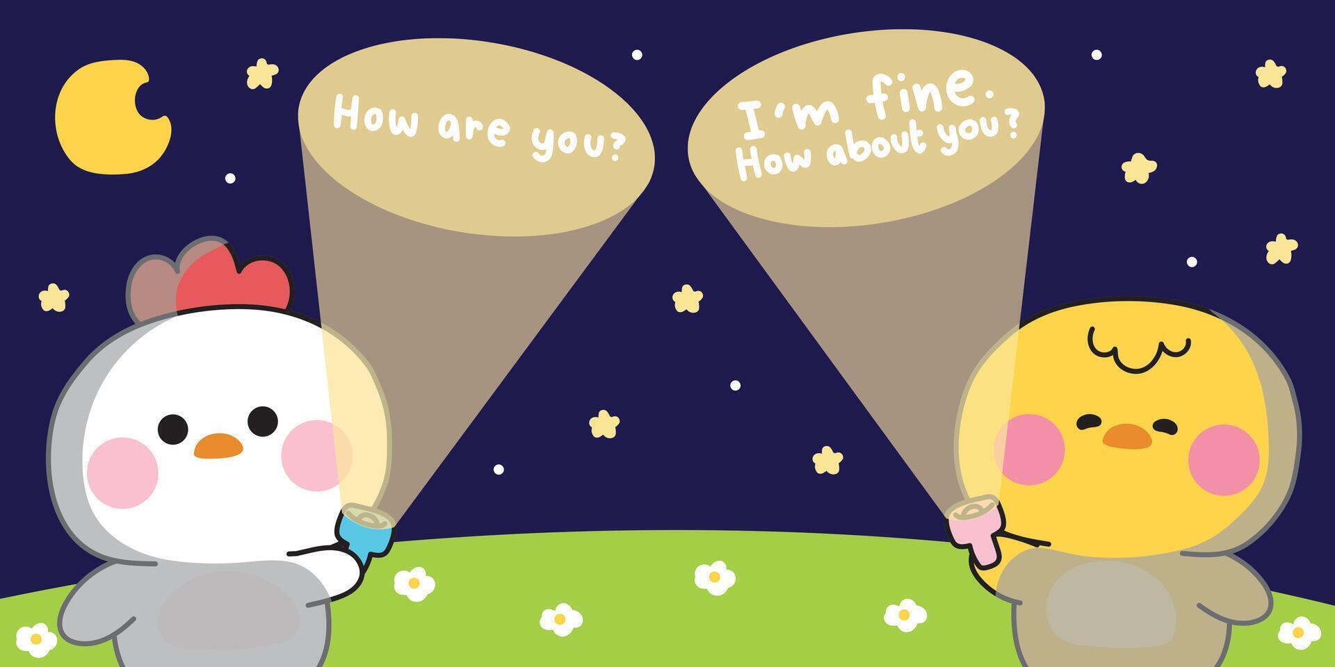 Cute hen and chicken hold flashlight to night sky background with text.Star and moon.Farm bird animal character cartoon design.Kawaii.illustration. vector