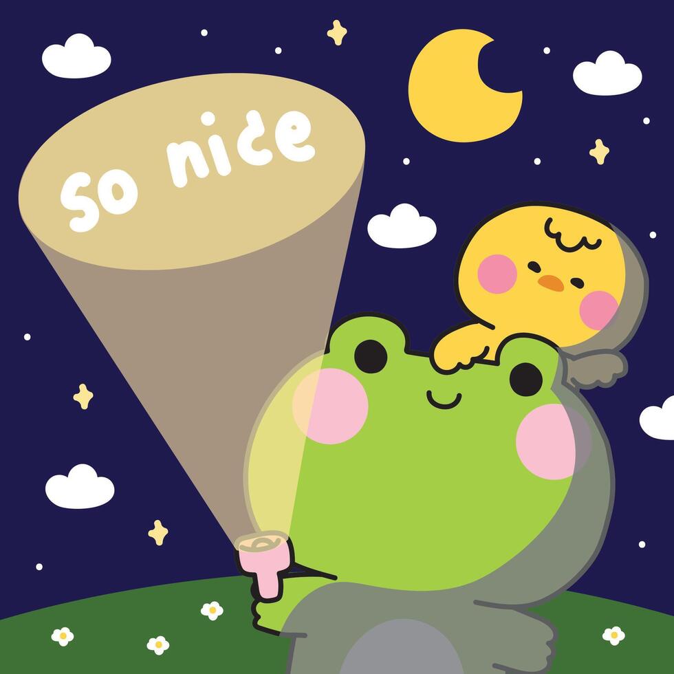 Cute frog ad chicken hold flashlight to night sky background with so nice text.Moon and cloud.Animal character cartoon design.Kawaii.illustration. vector