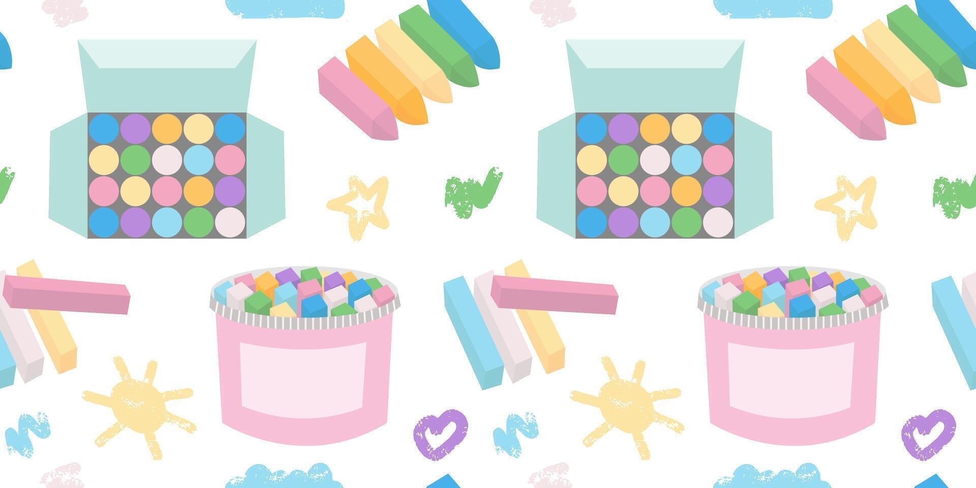 Colorful chalks and crayons flat seamless pattern vector