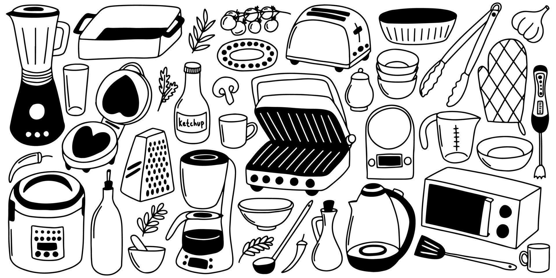 Kitchen appliances and utensils doodle set. Cooking elements and dish hand drawn set vector