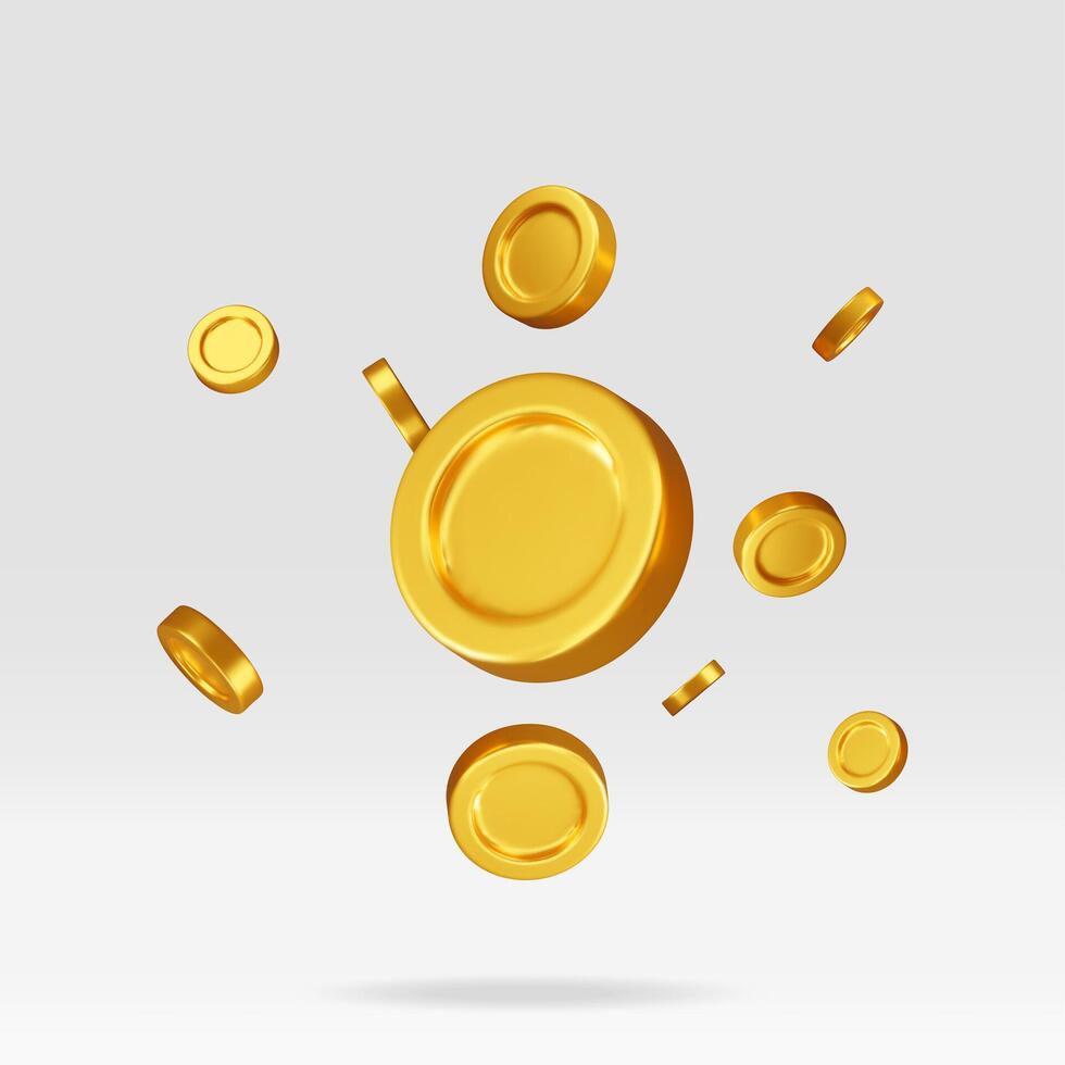 3d falling gold coins, money rain. Render golden coins. Rotating empty golden money sign. Growth, income, savings, investment, vector