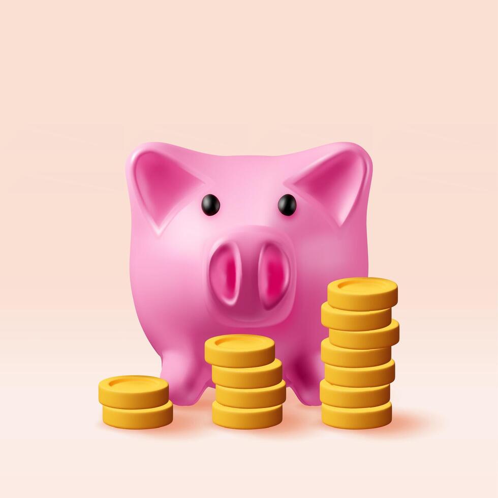 3D piggy bank and growing stacks of coins. Render plastic piggy bank for money. Moneybox in form of pig. Concept of cash money, business deposit investment, financial savings vector