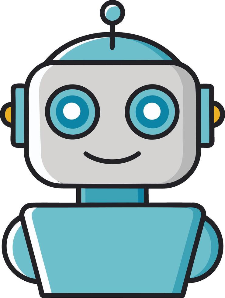 Cute Cartoon Robot with Smiling Face Artificial Intelligence Friendly Android Digital Illustration Futuristic Technology Sci-Fi Bot AI Concept Modern Automation Character Design vector