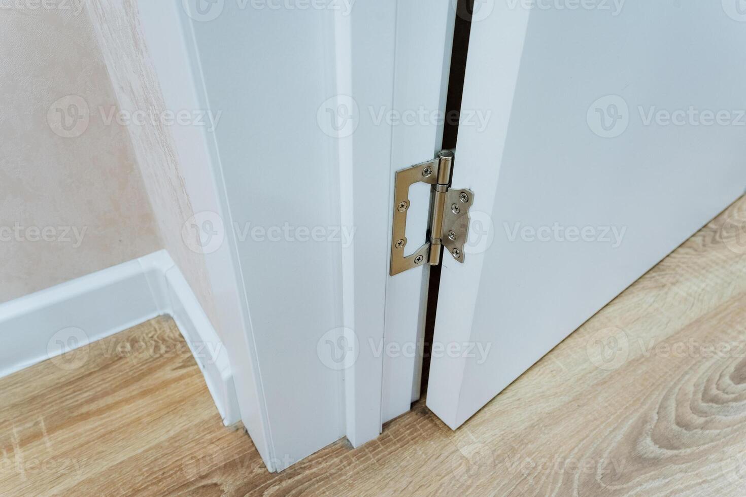 This image features a closeup view of a white door standing out against a beautifully finished wooden floor in an elegantly designed room, highlighting home interior elements photo