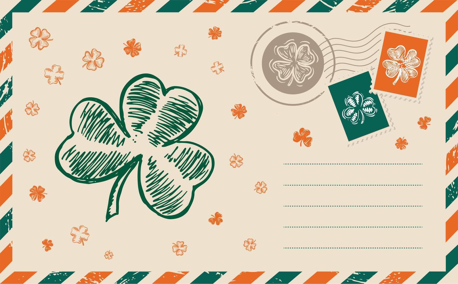 Postcard with clover, mail, hand drawn illustration. Patrick's day. vector