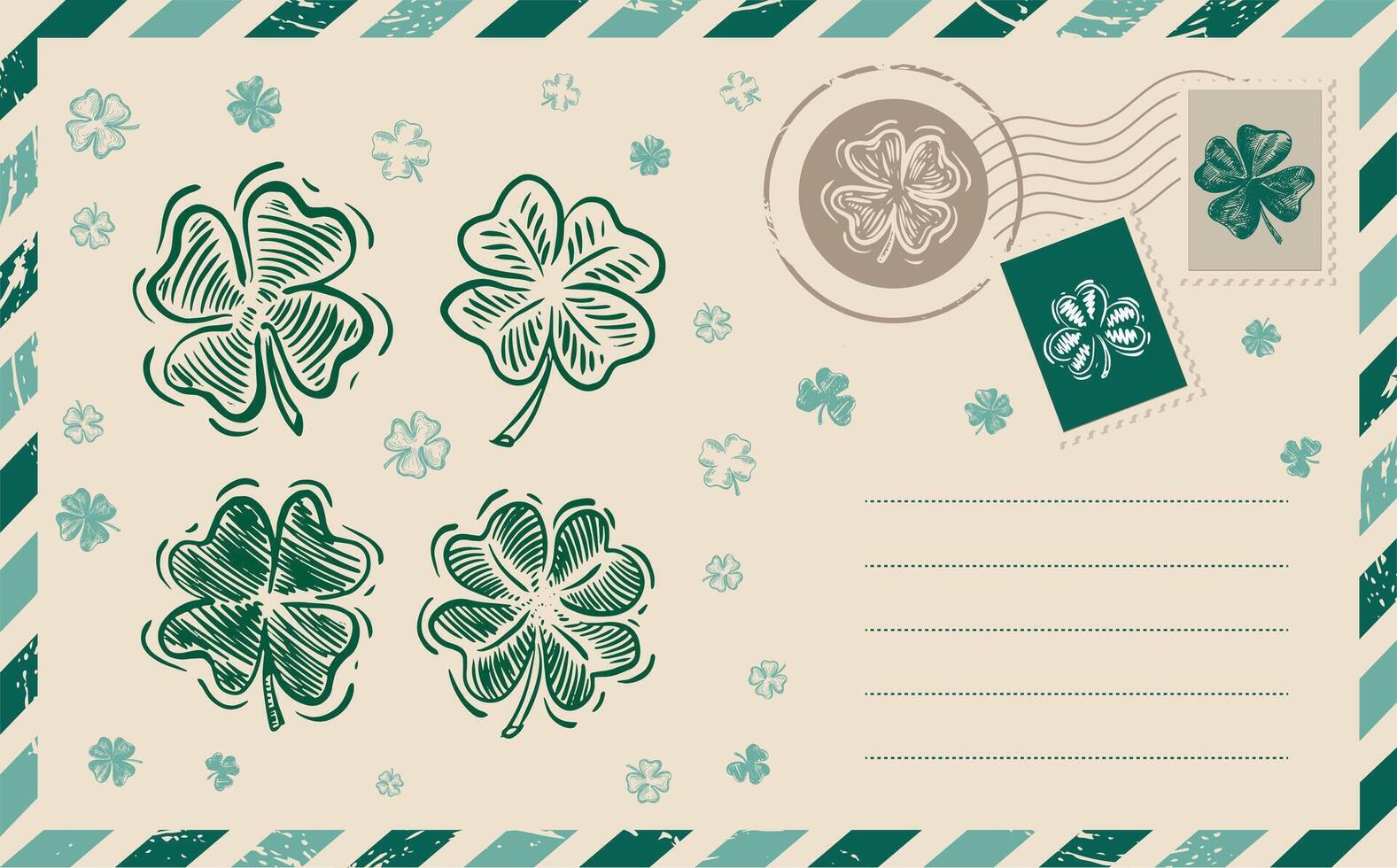 Postcard, mail, Patrick's day, Clover set. Hand drawn illustration vector