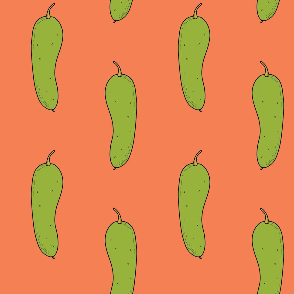 Pattern with cucumbers on an orange background. Vegetable bright rutter with cucumbers, hand drawn illustration vector