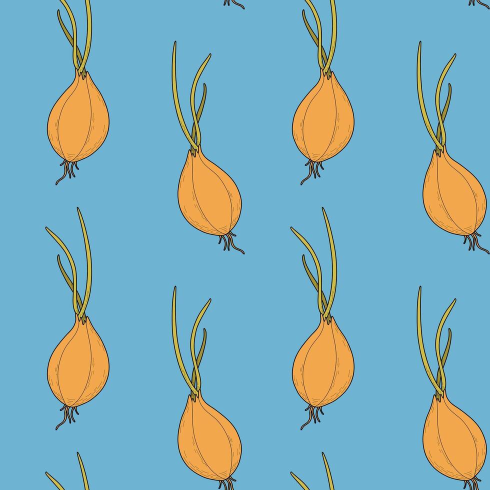 Pattern with onion on a blue background. Vegetable pattern with green onions, sprouted onions with roots vector