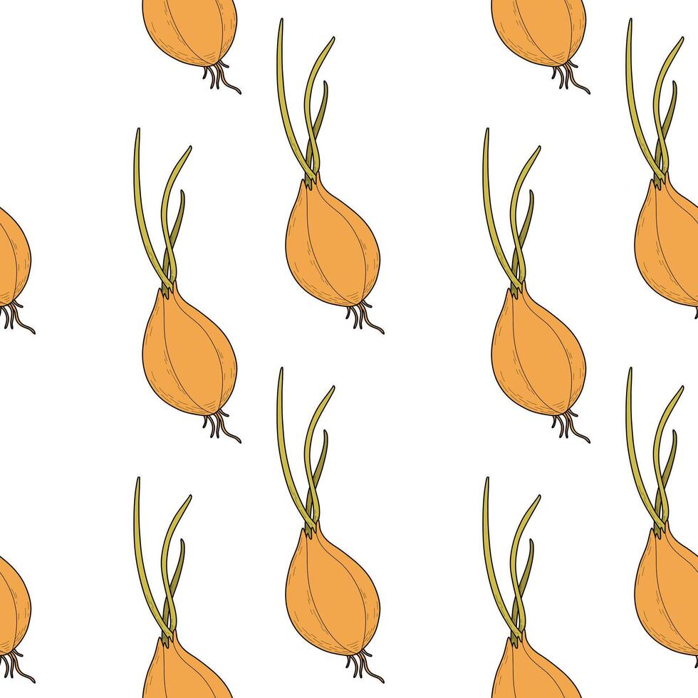 Pattern with onion on a white background. Vegetable pattern with green onions, sprouted onions with roots vector