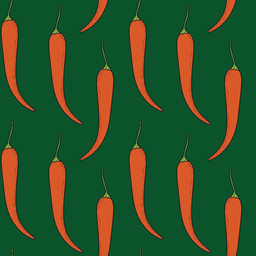 Hot pepper pattern, with chilli pepper on a green backgroundVegetable pattern with red hot pepper, capsicum. vector