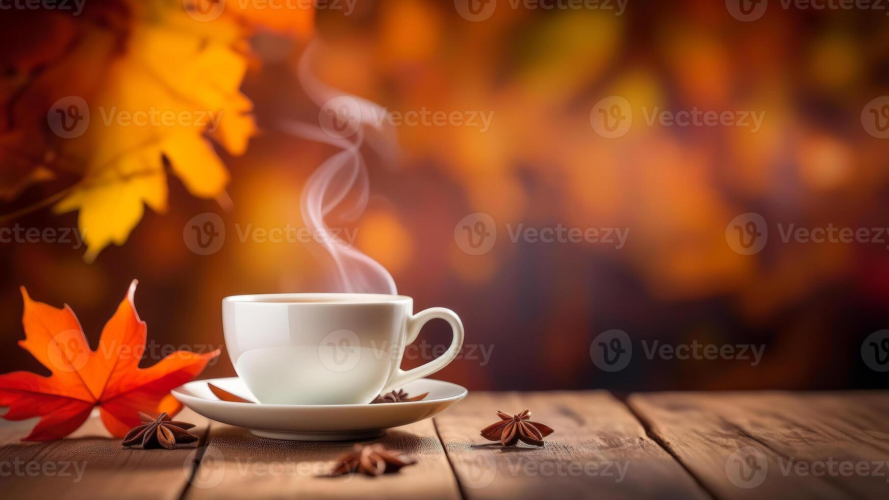 Steaming cup of hot drink on a wooden surface with autumn leaves and star anise. wide web banner background with free place for text photo