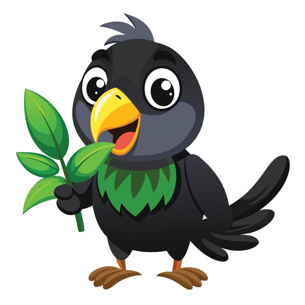 Cheerful Black Parrot Holding a Green Leaf vector