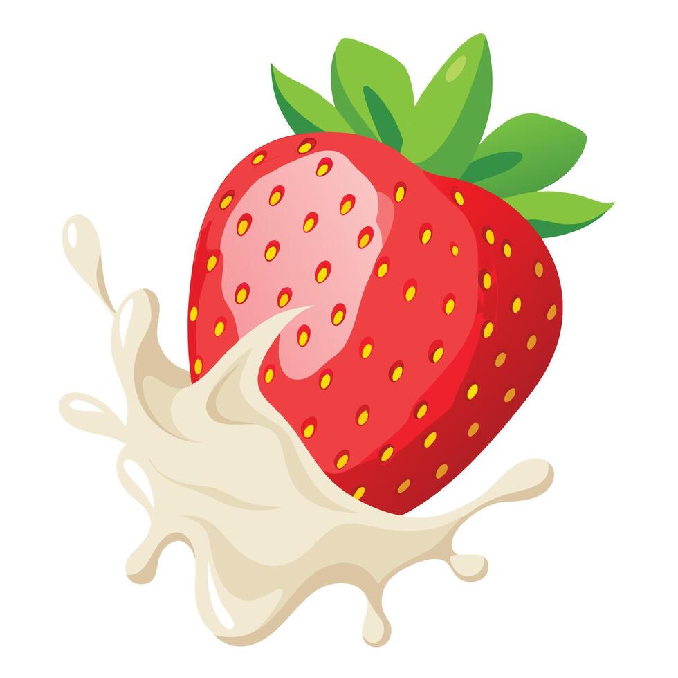 Realistic milk yogurt berries composition with splashes of white liquid and ripe strawberry vector