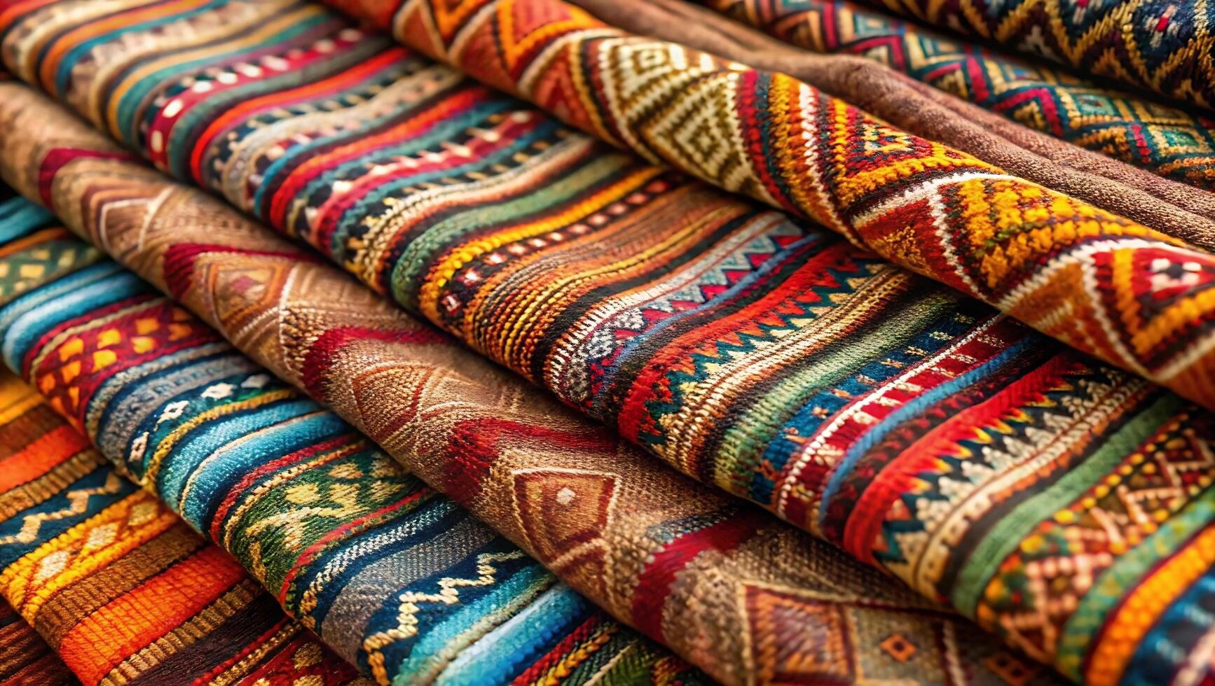 Colorful Handwoven Fabrics with Traditional Patterns, Perfect for Bohemian Decor, Ethnic Craft Projects, Artisanal Markets, Cultural Displays, and Textile Art photo