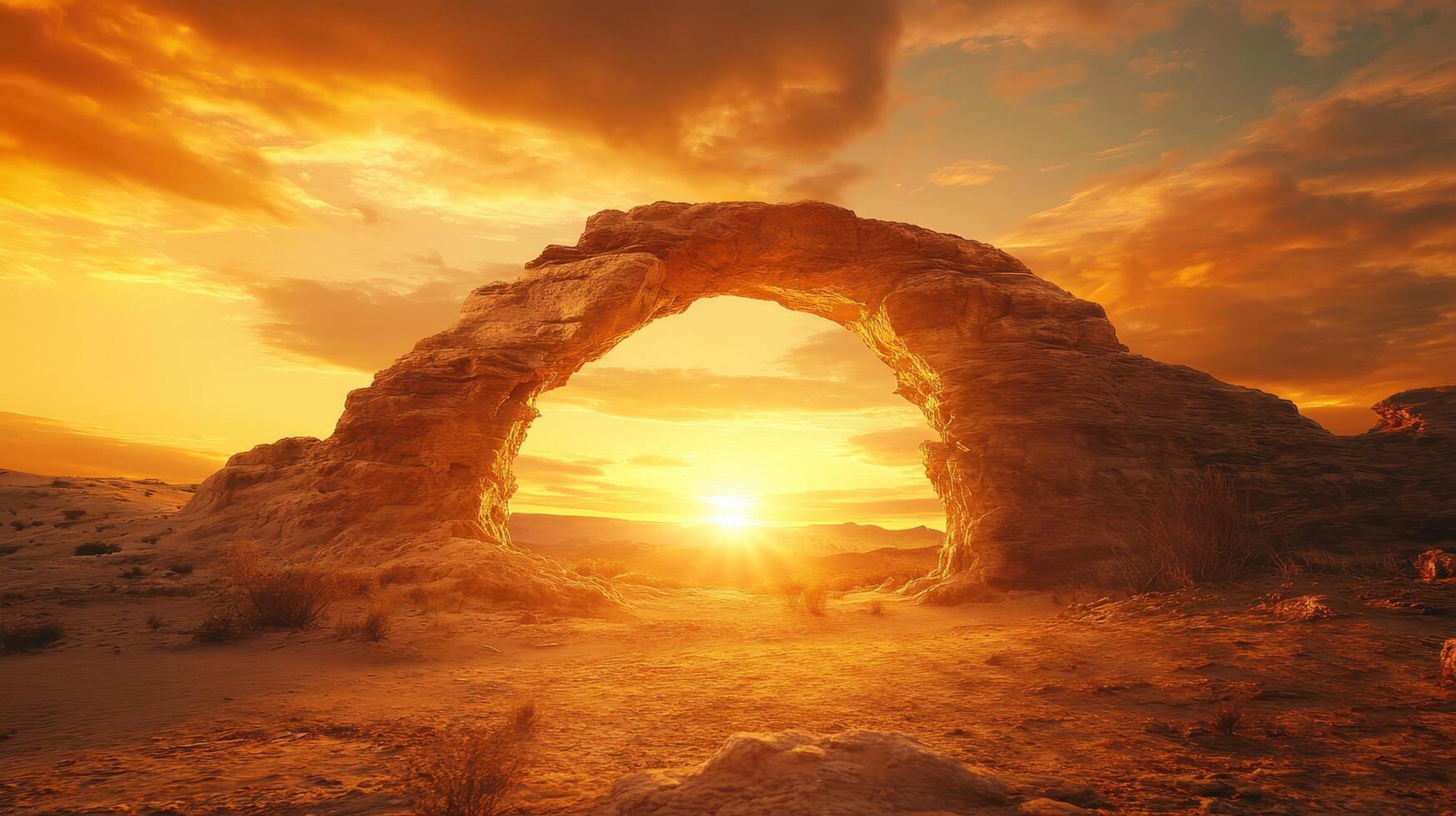 Stunning Desert Arch at Sunset with Golden Light, Majestic Rock Formation, Scenic Landscape, Warm Glow Over Sand Dunes, Natural Wonder, Tranquil Wilderness, Travel and Adventure Destination photo