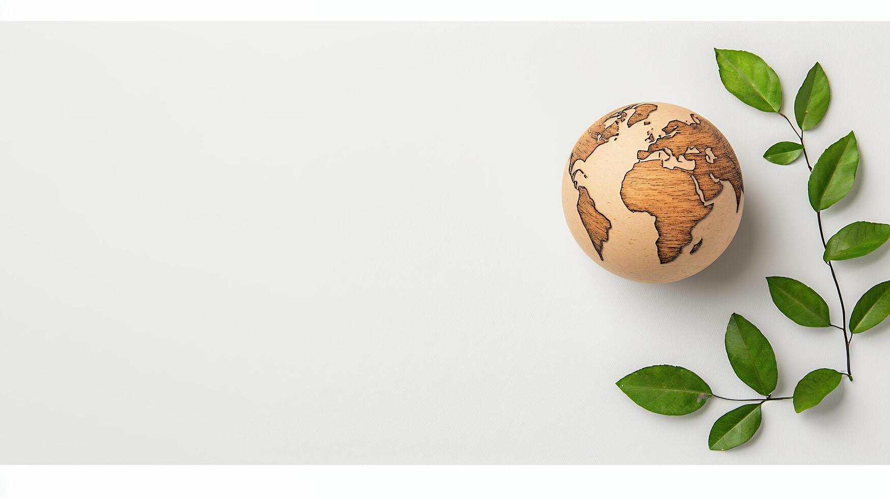 Global responsibility and environmental awareness symbolized by a small globe and vibrant green leaves on a light beige background photo