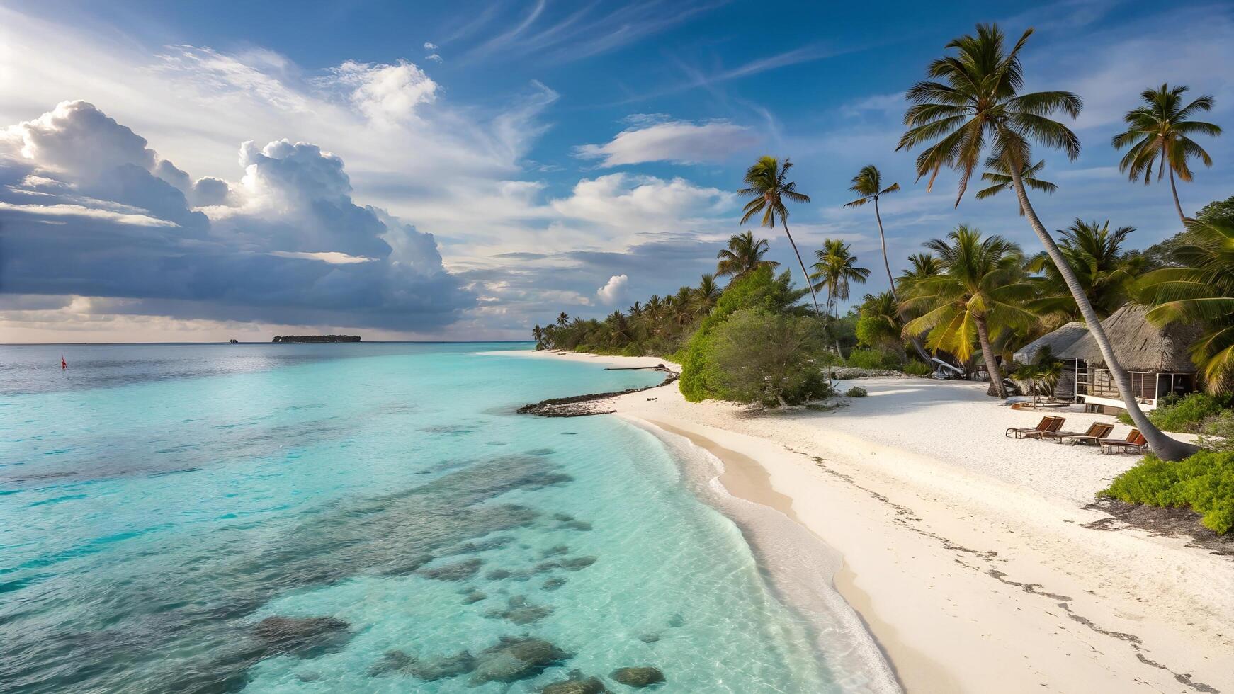 Tropical Paradise Beach with Turquoise Water and Palm Trees, Ideal for Travel Advertising, Vacation Brochures, Resort Promotions, Nature Photography, and Relaxation-Themed Marketing photo