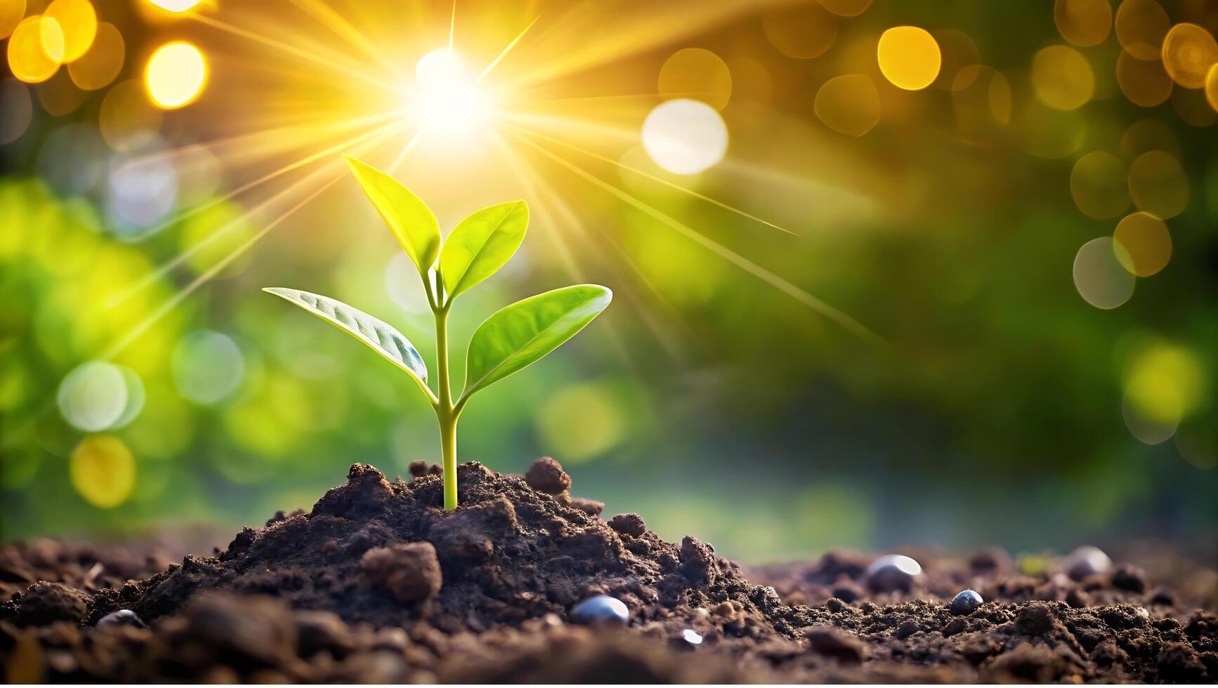 Young Seedling Growing in Soil Under Sunlight, Symbol of New Life, Growth, Hope, and Nature, Sustainable Agriculture, Environmental Conservation, Fresh Start, Green Energy, Eco-Friendly Concept photo