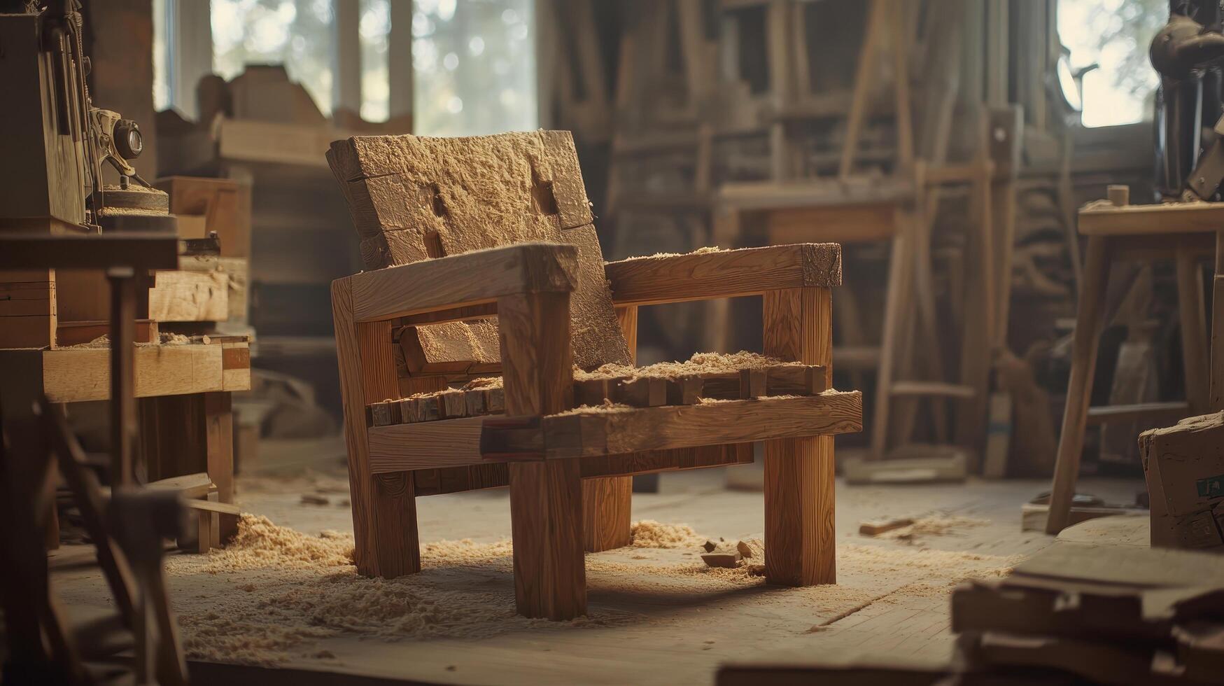 Handcrafted Wooden Chair in a Rustic Workshop, Carpentry and Woodworking Scene with Sawdust and Tools, Perfect for Craftsmanship, DIY, and Artisan Themes photo