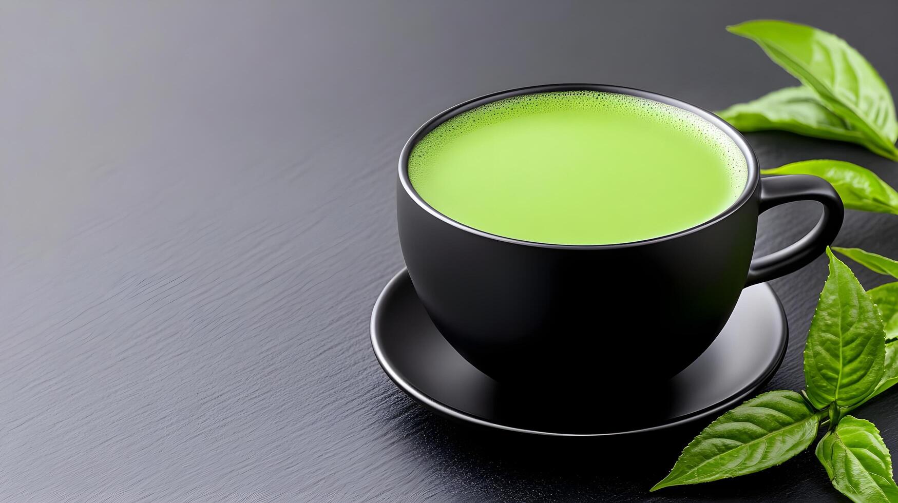 Refreshing Matcha Green Tea in Black Cup with Saucer Surrounded by Fresh Green Tea Leaves on Dark Wooden Surface photo