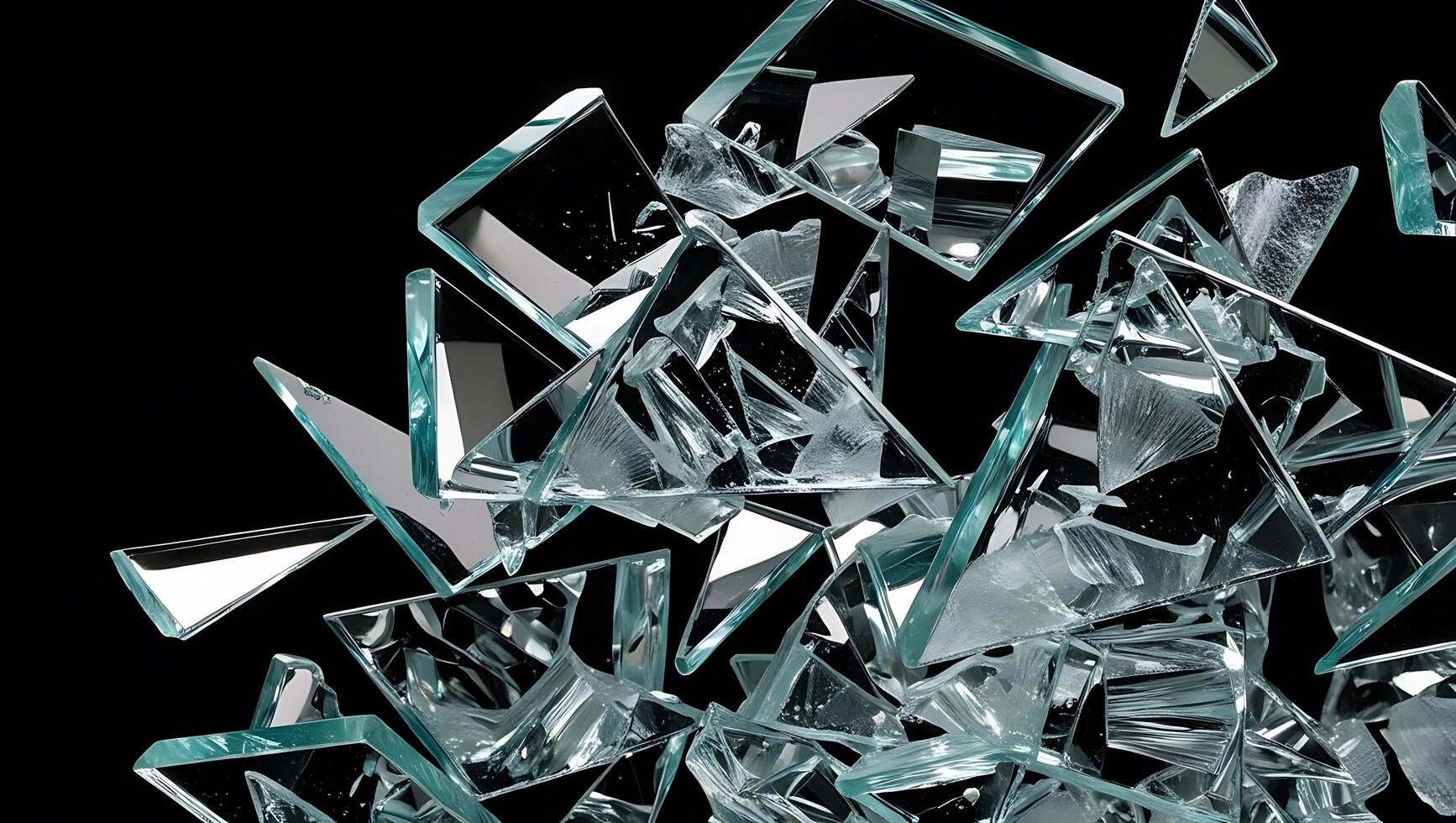 Broken Glass Shards on Black Background, Sharp Reflective Fragments, Abstract Cracked Mirror, Shattered Glass Pieces, Destruction and Fragility Concept, Transparent Jagged Edges photo