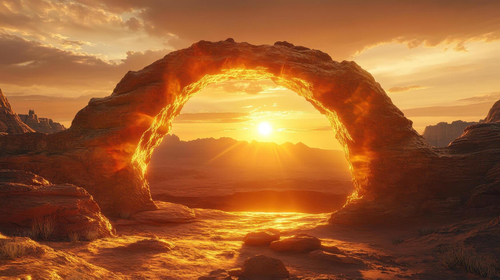Breathtaking Desert Arch at Sunset with Golden Light, Majestic Rock Formation, Scenic Landscape, Warm Glow Over Canyon, Natural Wonder, Tranquil Wilderness, Travel and Adventure Destination photo