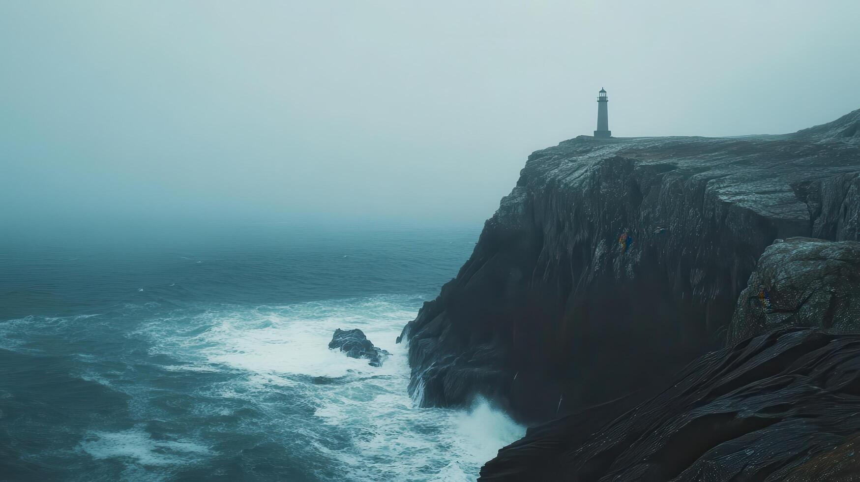 Isolated Lighthouse on Foggy Cliffside Overlooking Stormy Ocean, Dramatic Seascape, Moody Coastal Landscape, Misty Maritime Scene, Waves Crashing on Rocky Shore, Nautical Safety and Guidance photo