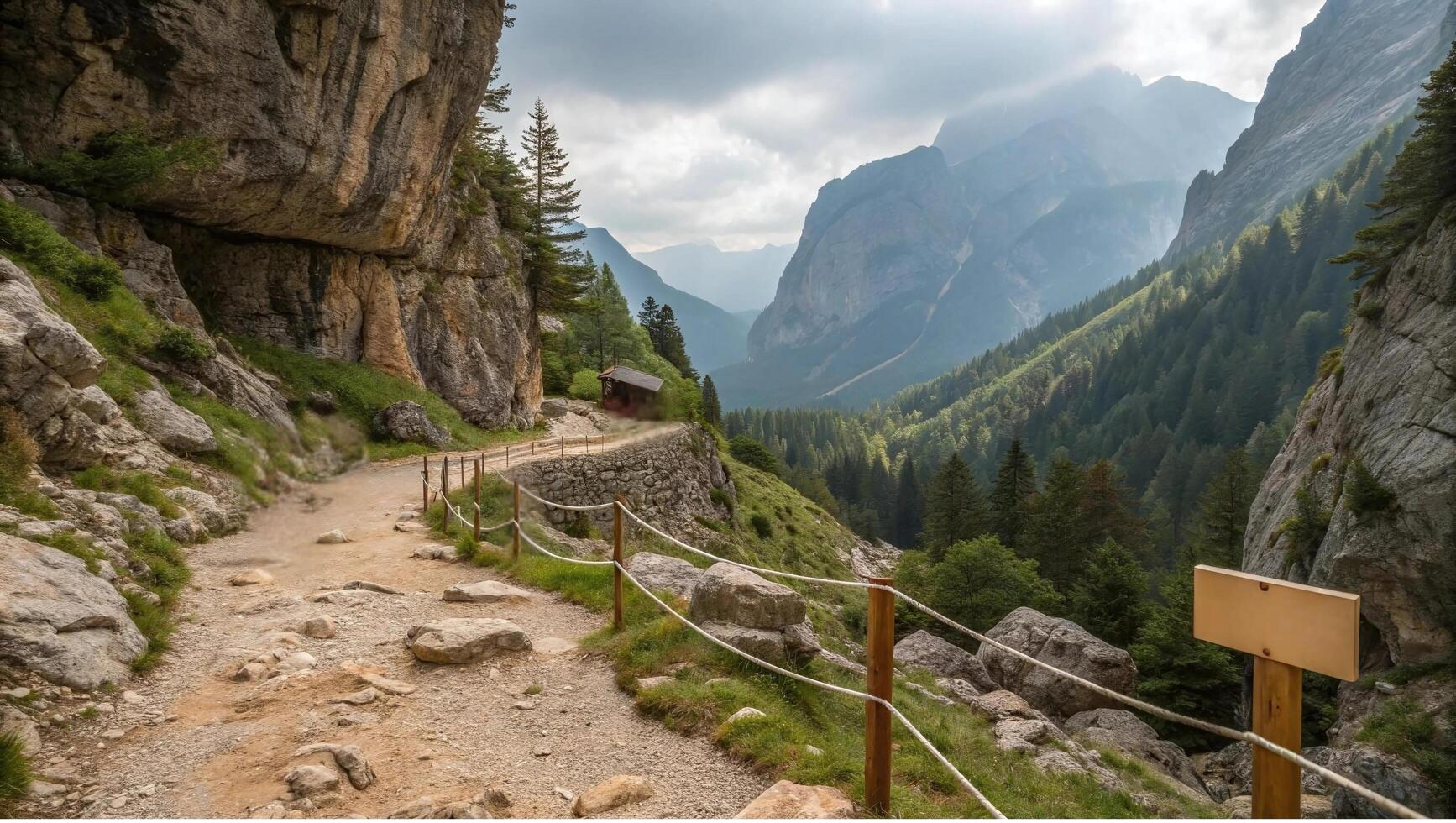 Mountain Hiking Trail with Wooden Fence and Scenic Forest Valley View, Ideal for Travel Blogs, Nature Tourism Promotions, Outdoor Adventure Themes, and Eco-Tourism Campaigns photo