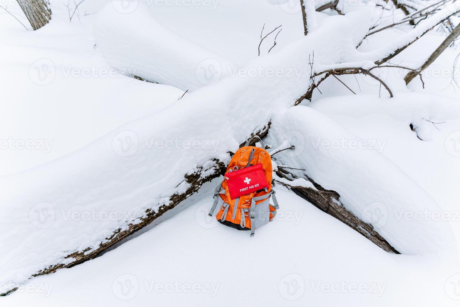 A person who is wearing a bright orange jacket is lying comfortably in the soft snow, fully enjoying the picturesque winter scenery that surrounds them during a funfilled, snowy adventure photo