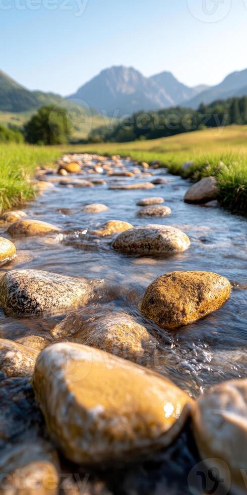 A stream of water flows between large rocks. The rocks are scattered throughout the stream, with some larger and some smaller. The water is clear and calm, and the rocks create a peaceful photo