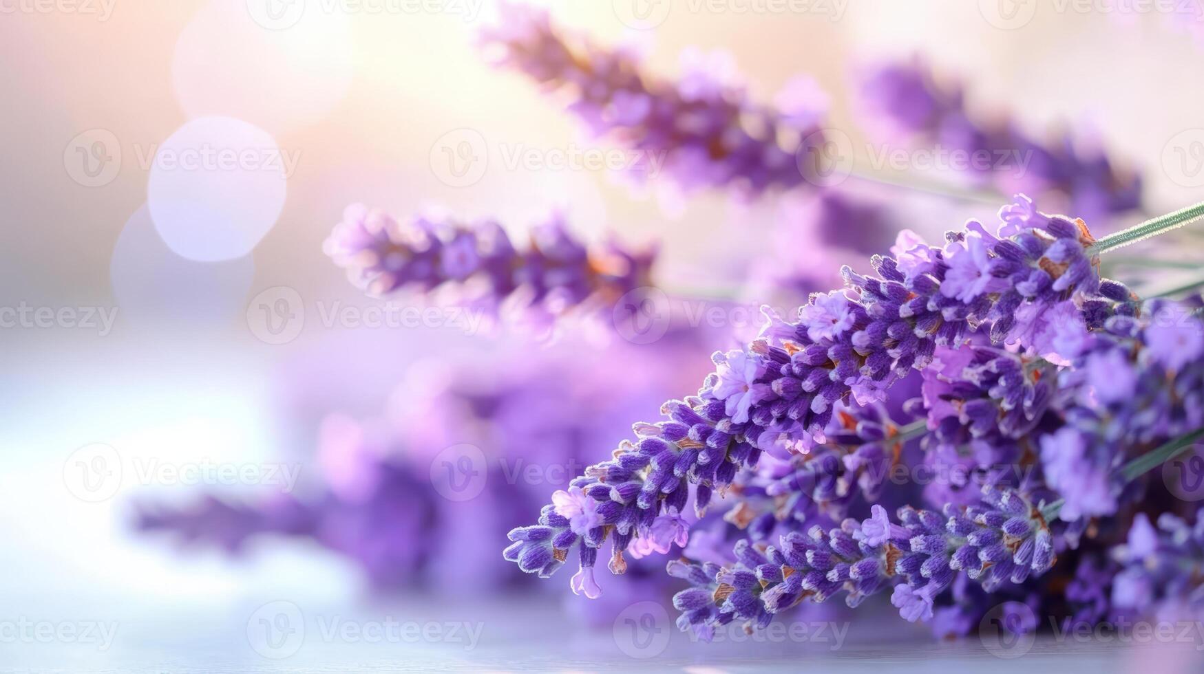 A bunch of purple lavender flowers are arranged on a table. The flowers are in full bloom and are arranged in a way that they look like they are in a vase. Concept of calmness and relaxation photo