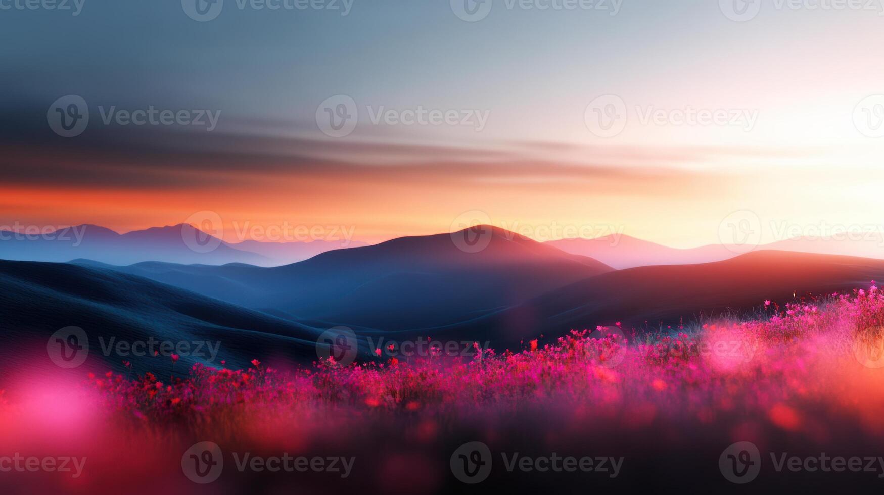 A beautiful mountain landscape with a pink and purple field of flowers. The sky is a mix of blue and pink, creating a serene and peaceful atmosphere photo
