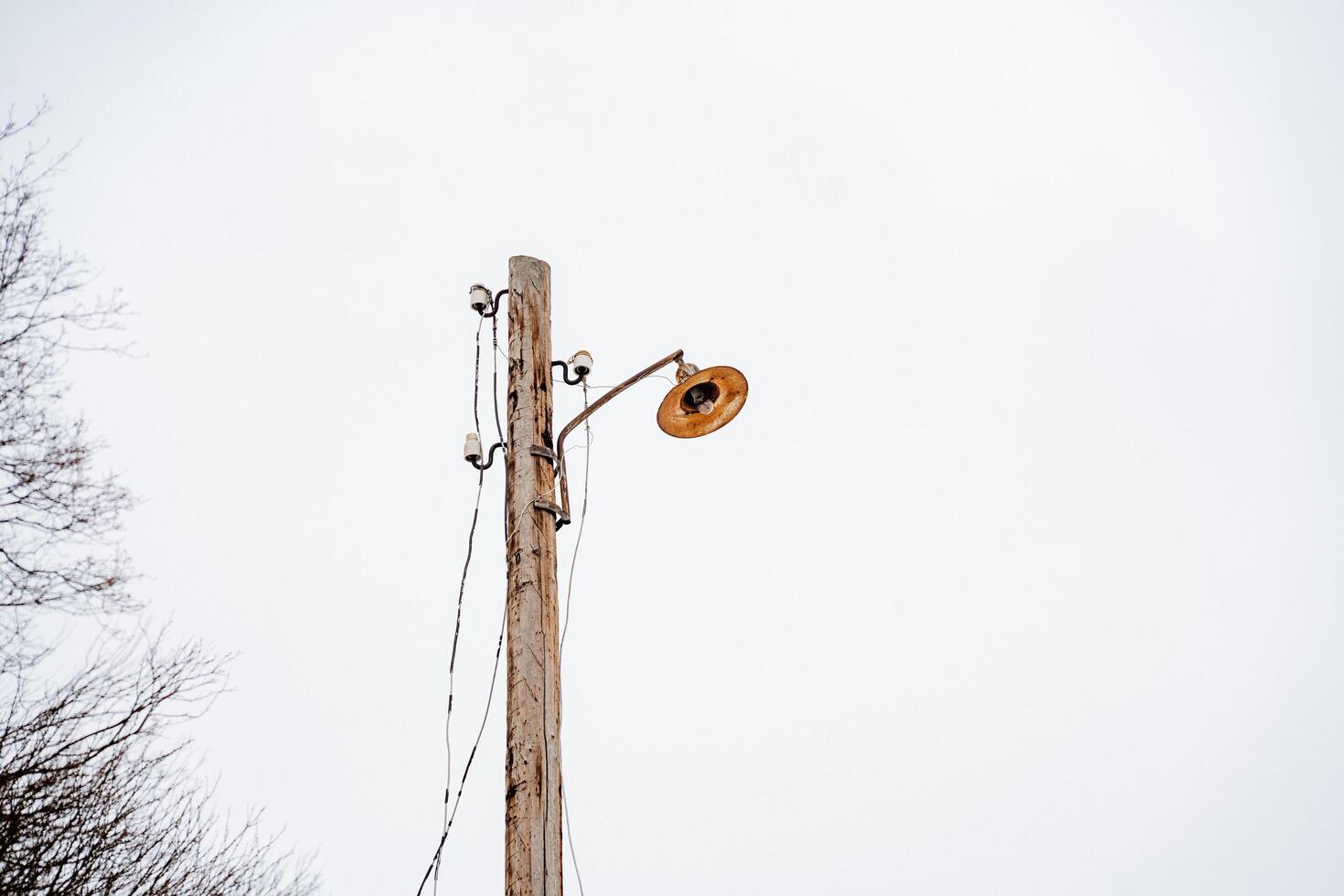 A strong, durable wooden pole that is topped with a bright, illuminating light brightens up the night and poorly lit areas, ensuring the safety and visibility of everyone who is nearby photo